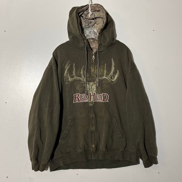 Vintage Y2K Grunge RedHead Logo Faded Green Full Zip Hunting Sweatshirt Men's M - Picture 1 of 7